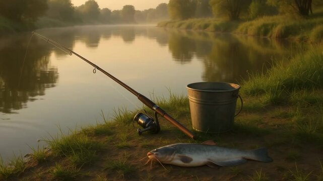 A catfish caught by a fishing rod lying next to a bucket on the river bank at morning light 4k uhd video