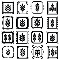 Black Wheat Icons Set. Minimalist Grain Vector Frames for Logo and Branding.