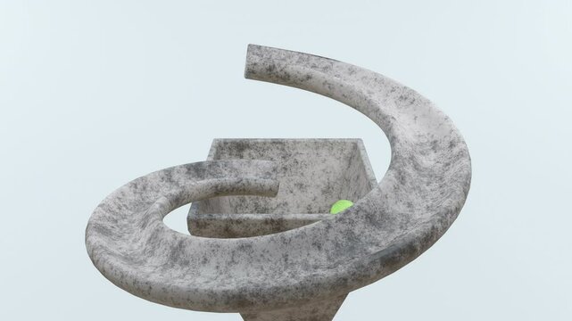A vivid green ball rolls down a concrete spiral chute into a funnel-shaped pit. Clean minimalistic background, smooth motion, 3D animation. Ideal for concepts like physics or gravity.