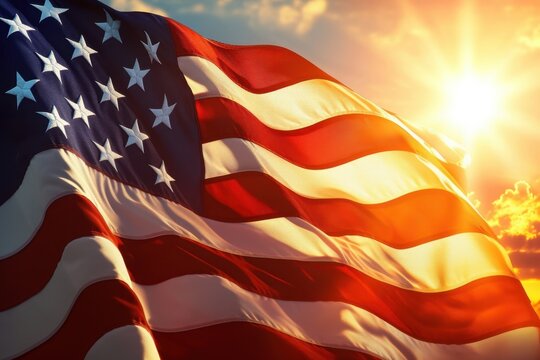 American flag with the sun setting in background, american patriotic theme Generative AI