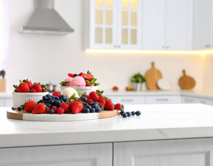 Vibrant array of fresh berries and ice cream, showcasing strawberries and blueberries in modern kitchen setting, evokes sense of summer delight and indulgence