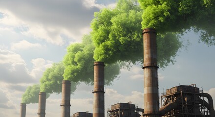 Industrial chimneys releasing vibrant green trees instead of smoke. A surreal twist on pollution, blending nature and industry in a hopeful, eco-futuristic visual.