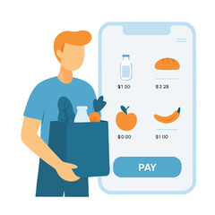 Flat Illustration of Online Grocery Shopping App with Bag of Produce