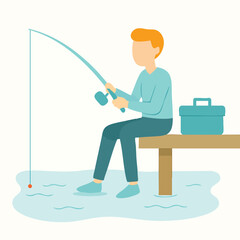 Flat Design Man Fishing with Rod on Pier Illustration Asset
