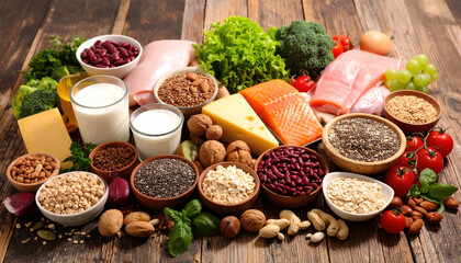 Vibrant array of nutrient rich foods including lean meats, leafy greens, legumes, dairy products, and various nuts showcases healthy lifestyle. This colorful display emphasizes importance
