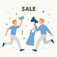 Flat Cartoon Style Super Sale Promotion with Character Illustration