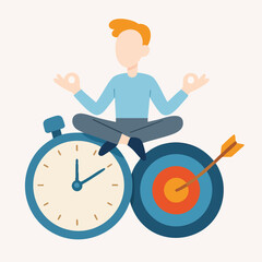 Flat Design Meditation Man with Target Arrow and Time Management Illustration