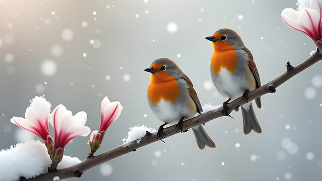 Birds sitting on twig with snow and blooming flowers image. Avian animals in early spring photography scene wallpaper. Wildlife fauna watching concept photorealistic photo