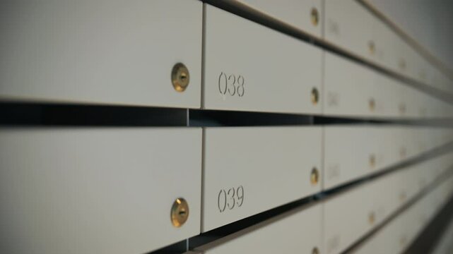 Row of numbered apartment mailboxes with keyholes