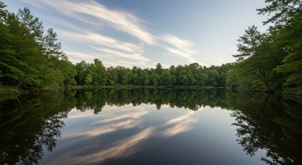 Reflections of passing clouds on a still forest pond Focus on symmetry, tranquility, and soft light.