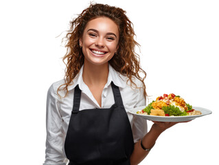 Server's Culinary Offering: A smiling server, dressed in a crisp uniform and apron, presents a beautifully plated dish. The scene evokes warmth, freshness, and the art of hospitality.