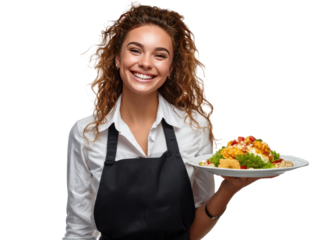 Server's Culinary Offering: A smiling server, dressed in a crisp uniform and apron, presents a beautifully plated dish. The scene evokes warmth, freshness, and the art of hospitality.
