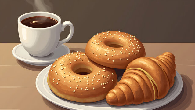 Enjoying fresh bagels and croissants with black coffee for breakfast