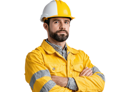 Construction Worker Confident Portrait: A focused construction worker, sporting a safety helmet and work attire, embodies professionalism and expertise.