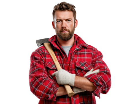 Lumberjack with Axe: A serious lumberjack with a beard, wearing a red plaid shirt and gloves, stands with an axe across his body, conveying strength, skill, and determination. - Powered by Adobe