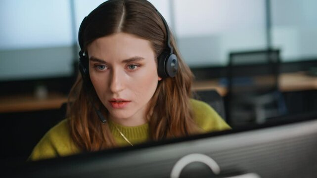 Telemarketing manager consulting call center closeup. Woman talking headset - Powered by Adobe