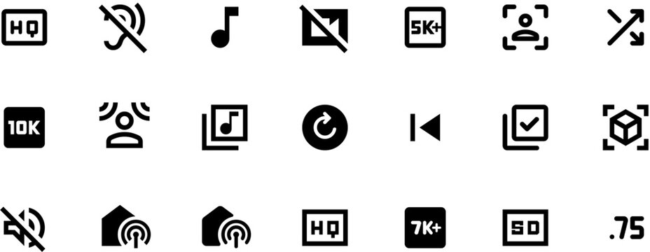 Black and white video editing software icons featuring NDS, audio wave, XMIS, film negative, and frame ratio symbols.