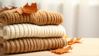 Stacked cozy knitted sweaters in beige and brown tones with autumn leaves on top, creating warm and inviting fall atmosphere on wooden table