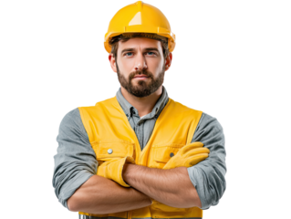 Construction Worker Confident: A construction worker is captured, standing proud, his arms folded in a pose of confidence. He embodies hard work and dependability.