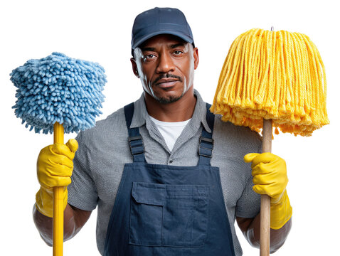 Dedicated Cleaner with Mops: A man with an earnest gaze and meticulous work attire holds up two bright, different mops, representing his commitment to keeping everything clean.