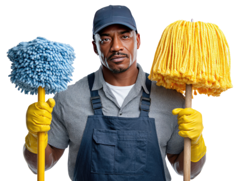 Dedicated Cleaner with Mops: A man with an earnest gaze and meticulous work attire holds up two bright, different mops, representing his commitment to keeping everything clean.