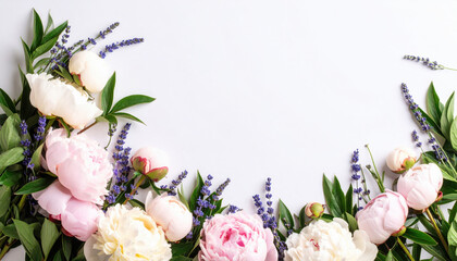 Peony, lavender, and green leaves arranged in semi circle on white background create fresh, elegant floral border with space for text, evoking cheerful and romantic mood