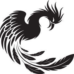 A stylized black phoenix bird with detailed feathers on a white background in a graphic design style