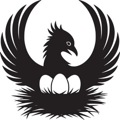 Black silhouette of a bird with wings spread above a nest containing three eggs on a white background