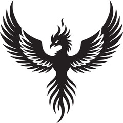 Fototapeta premium A striking black phoenix with wings spread wide against a clean white background in a bold graphic style