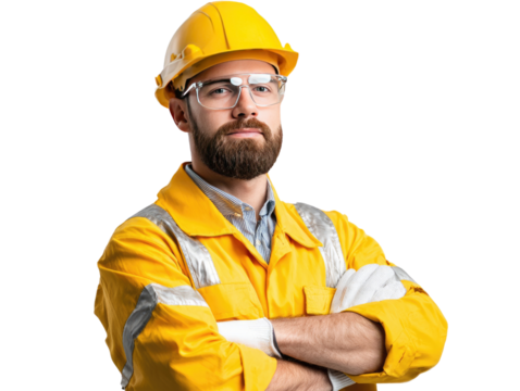 Confident Construction Worker: A skilled construction worker, radiating confidence and expertise, poses in protective gear, ready to tackle any challenge.
