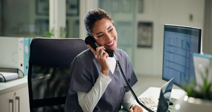 Happy woman, nurse and secretary with phone call at hospital for medical emergency or appointment. Female person, administrator or healthcare receptionist with smile on telephone for schedule visit