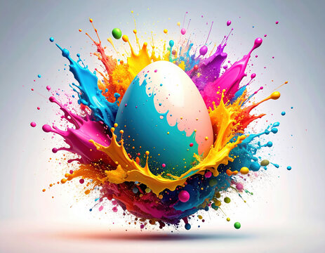 Vibrant Easter egg surrounded by splash of colorful paint, showcasing creativity and joy. dynamic colors evoke sense of celebration and artistic expression