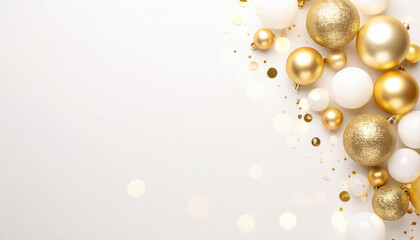 Gold, white, and glittery Christmas ornaments with festive confetti on light background create joyful and elegant holiday celebration scene