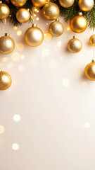 Golden Christmas ornaments festive baubles sparkling decorations pine branches holiday background glowing lights elegant celebration winter season joyful mood