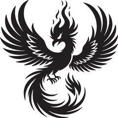 A striking black phoenix illustration with flames atop its head and outstretched wings on white backdrop