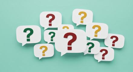 multicolor question marks on speech bubbles paper cut with grunge green background for FAQ, support center concept 02