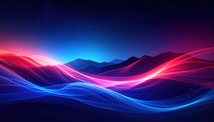 Mesmerizing canvas where vibrant blue and red waves flow gracefully across serene landscape, creating stunning visual experience that captivates viewer imagination
