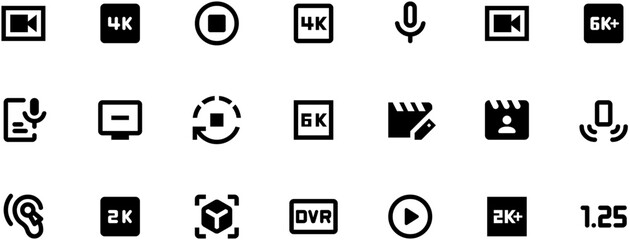 Black and white vector icons for video and audio settings, including player controls, film strips, camera settings, remote buttons, and 8-bit pixel art style, on white background.