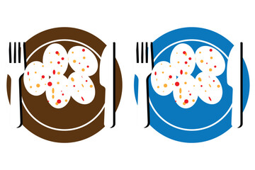 Fork, knife, food and plate set icons.  Menu symbol. Tableware instruments.