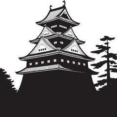 A black and white illustration of a japanese castle with trees on either side of the structure