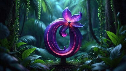 Abstract Glowing Flower in Lush Jungle - Fantasy, Nature, and Technology Blend - Artistic, Vibrant, and Unique Concept, Letter Q