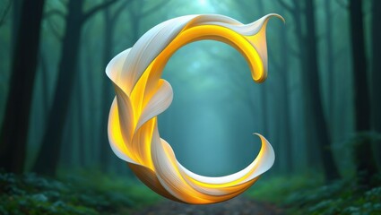 Abstract Golden Flowing Ribbon in Enchanted Forest - Elegant 3D Render, Nature Background, Modern Art, Artistic Design, Creative Concept, Dreamlike Visuals, Letter c