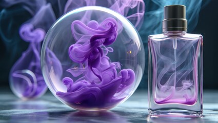 Abstract Purple Ink in Glass Spheres and Perfume Bottle - Artistic Beauty, Modern Art, Fluid Dynamics, Fragrance, Liquid Motion, Decorative Design