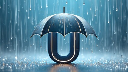 Abstract Umbrella in Rain: Protection, Weather Concept, Blue Tones, Water Droplets, Artistic Design, Graphic Element, Background Texture, Seasonality, Letter U