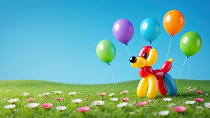 Balloon Animal Dog on Meadow with Flowers and Colorful Balloons Against a Blue Sky Background - Playful Celebration, Party, Joy, Childhood Theme
