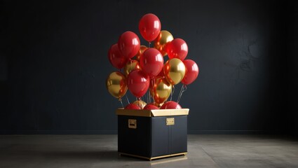 Balloons in a Box: Red & Gold Festive Celebration, Surprise Gift, Party Decor, Anniversary, Birthday, Holiday, Celebration, Luxury, Joyful, Festive Mood