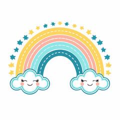 Vector drawing of a Rainbow with clouds and stars for baby shower invitations or newborn greeting cards.