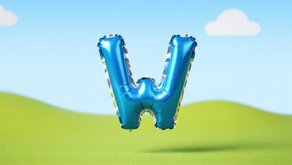 Blue Letter W Balloon Floating in a Sunny Outdoor Scene - Celebration, Party, Alphabet, Decoration, Cheerful, Happy, Sky, Green Grass, Cloud, Birthday