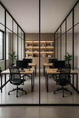 Modern minimalist office interior with wooden desks, black mesh chairs, computers, glass partitions, and built-in shelving, creating a clean and professional workspace environment

