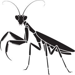 A black silhouette illustration of a praying mantis insect on a white background showing the details